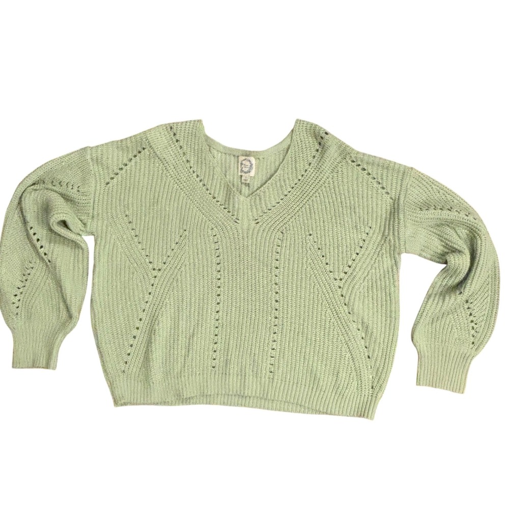 Blue Rain Francescas Mint Green V-Neck Pointelle Knit Sweater Large, EUC